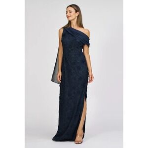 NWT $298 JS COLLECTIONS [ 14 ] Elodie Floral One-Shoulder Gown Navy Blue J2367